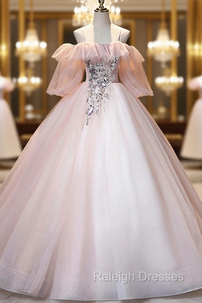 A-Line Pink Spaghetti Straps Long Prom Dress, Pink Lace Formal Evening Dress