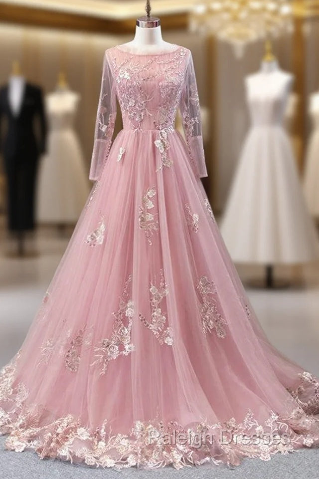 A Line Pink Tulle Appliques Sequins Long Sleeve Prom Dress