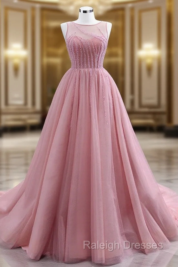 A Line Pink Tulle Backless Beading Prom Dresses