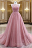 A Line Pink Tulle Backless Beading Prom Dresses