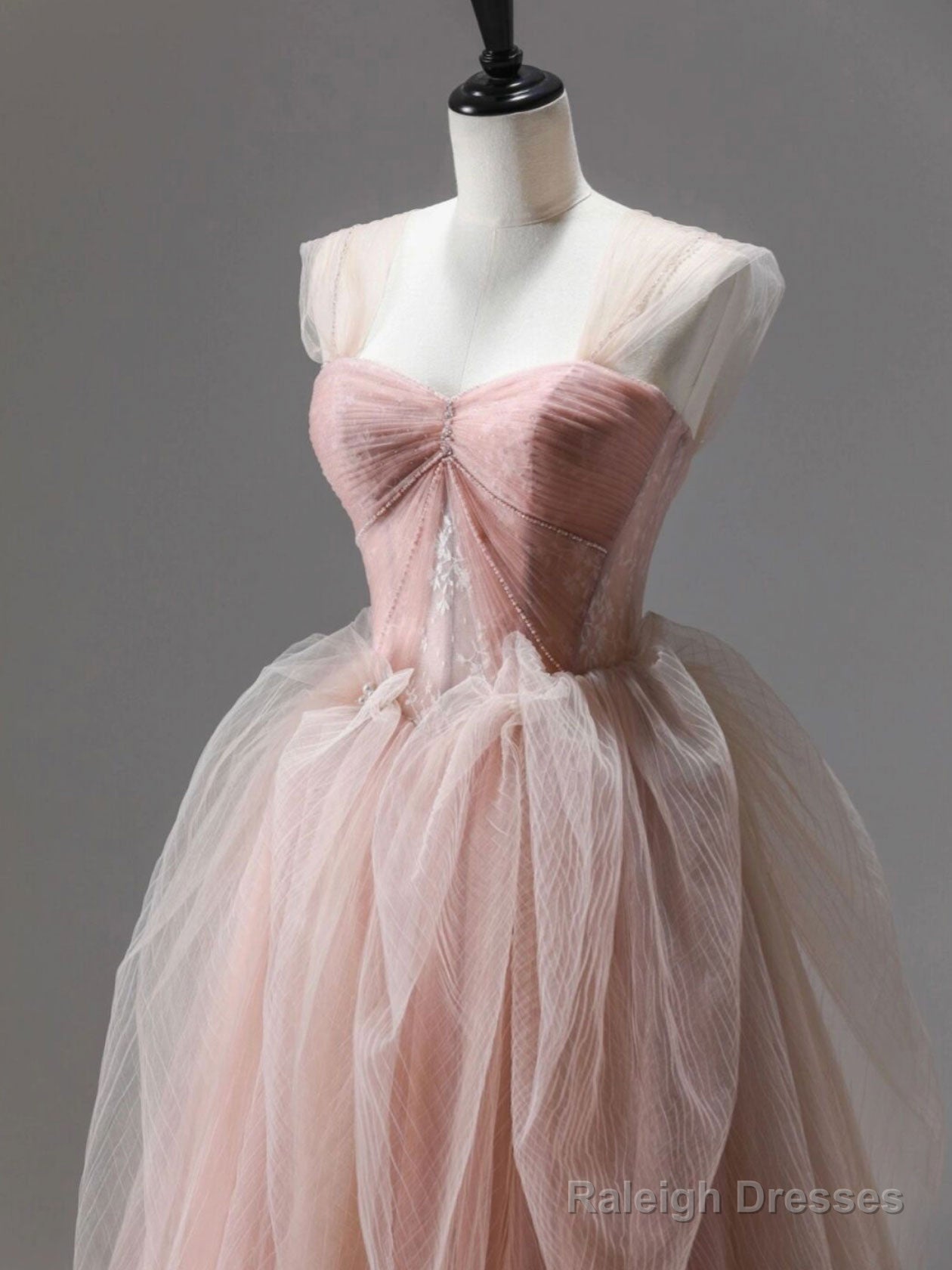 A-Line Pink Tulle Lace Long Prom Dresses Pink Tulle Lace Prom Dresses Secondary image