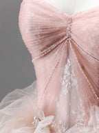A-Line Pink Tulle Lace Long Prom Dresses Pink Tulle Lace Prom Dresses