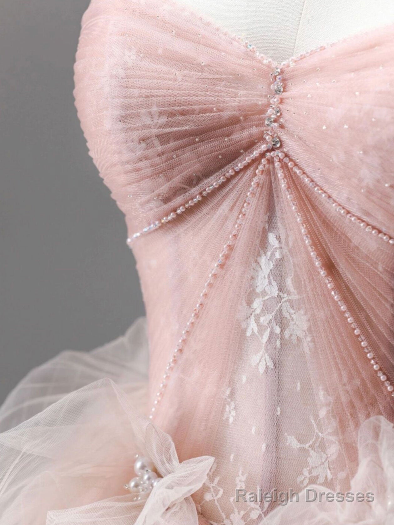 A-Line Pink Tulle Lace Long Prom Dresses Pink Tulle Lace Prom Dresses