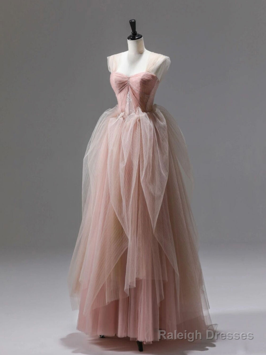 A-Line Pink Tulle Lace Long Prom Dress, Pink Tulle Lace Formal Dress Main image