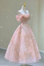 A Line Pink Tulle Lace Off The Shoulder Prom Dresses, Formal Evening Dress