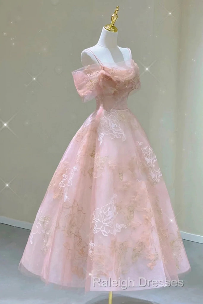 A-Line Pink Tulle Lace Off The Shoulder Prom Dress