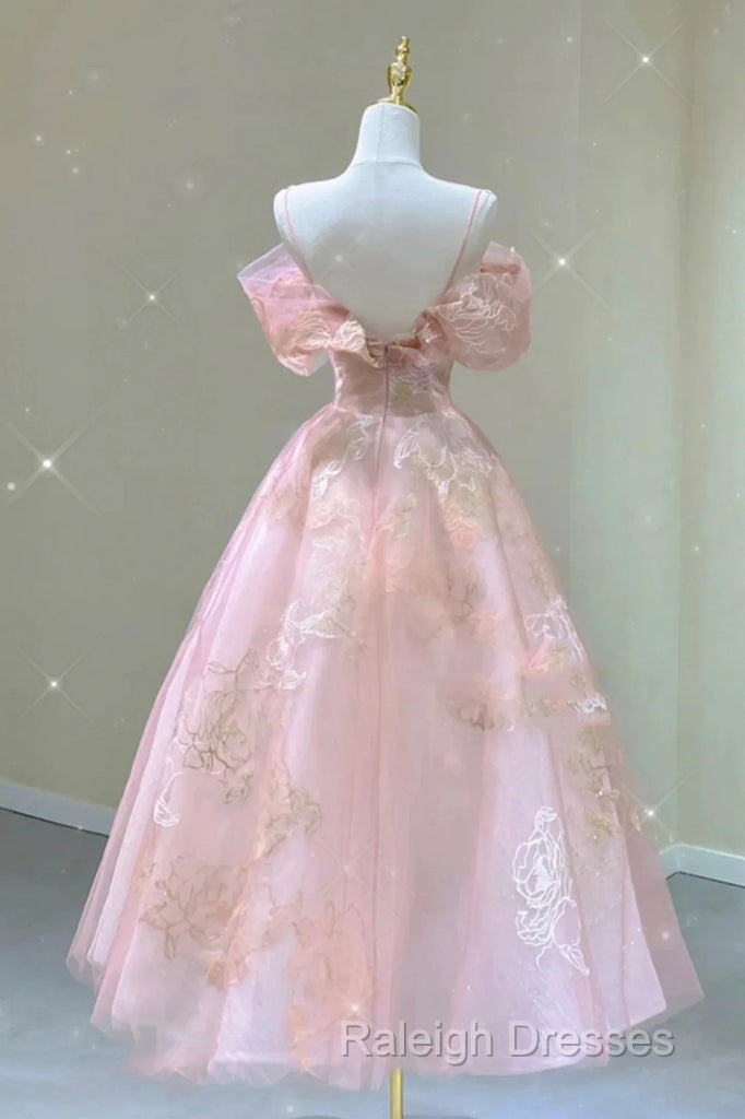 A-Line Pink Tulle Lace Off The Shoulder Prom Dress
