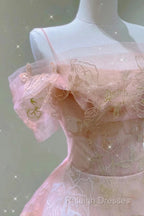 A Line Pink Tulle Lace Off The Shoulder Prom Dresses, Formal Evening Dress