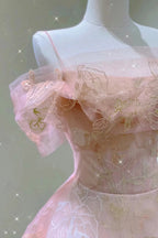 A-Line Pink Tulle Lace Off The Shoulder Prom Dress Prom Dresses