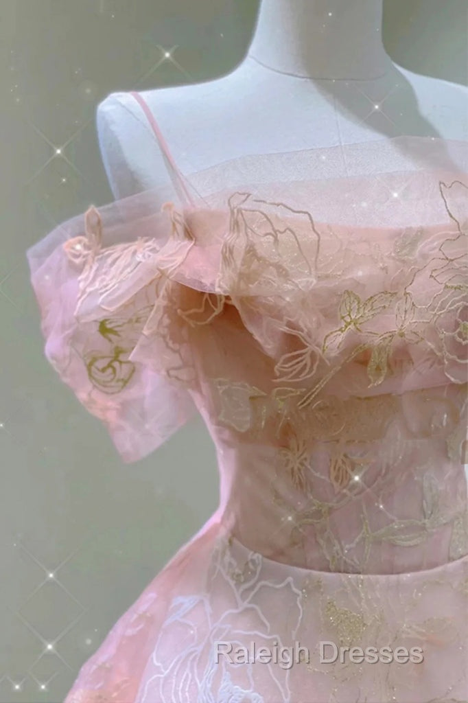 A-Line Pink Tulle Lace Off The Shoulder Prom Dress