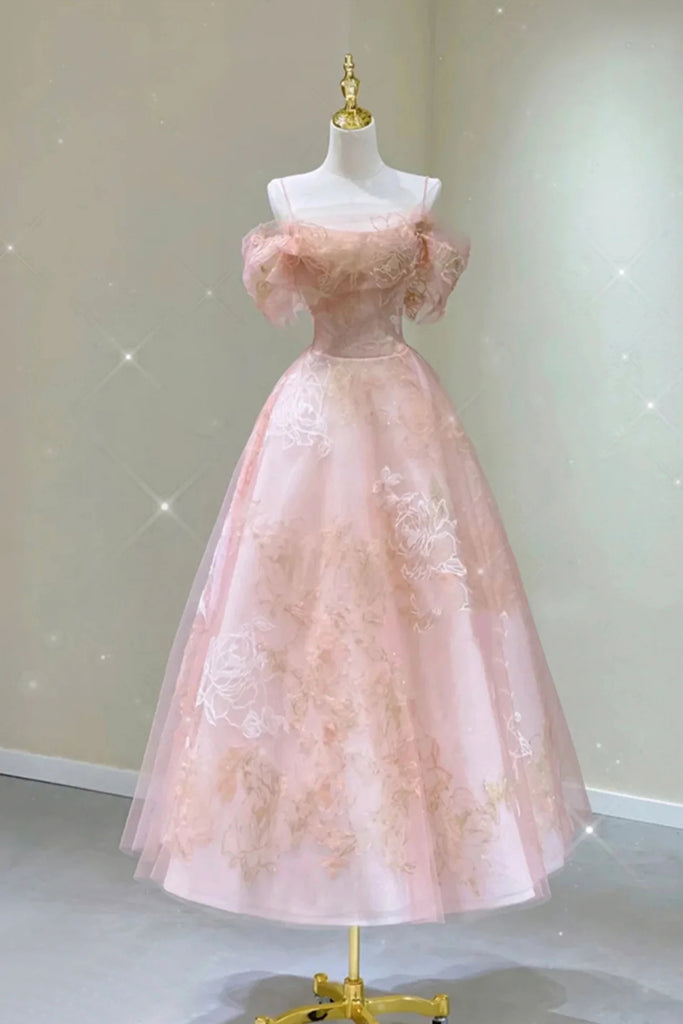 A-Line Pink Tulle Lace Off The Shoulder Prom Dress Prom Dresses