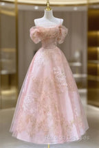 A-Line Pink Tulle Lace Off The Shoulder Prom Dress