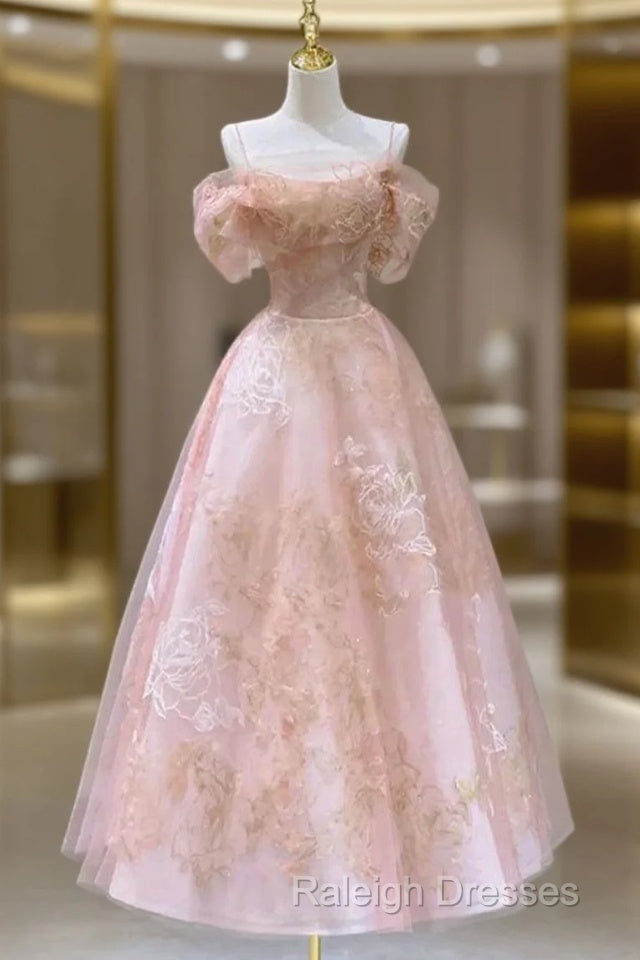 A-Line Pink Tulle Lace Off The Shoulder Prom Dress