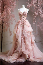 A-Line Pink Tulle Long Prom Dresses Prom Dresses