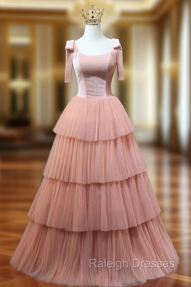 A Line Pink Tulle Long Prom Dresses, Pink Formal Graduation Dresses Main image