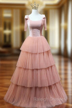 A Line Pink Tulle Long Prom Dresses, Pink Formal Graduation Dresses