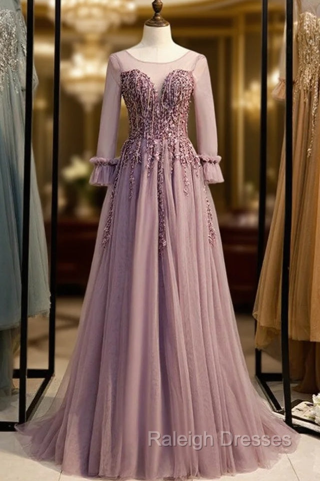 A Line Pink Tulle Long Sleeve Backless Beading Prom Dress Main image