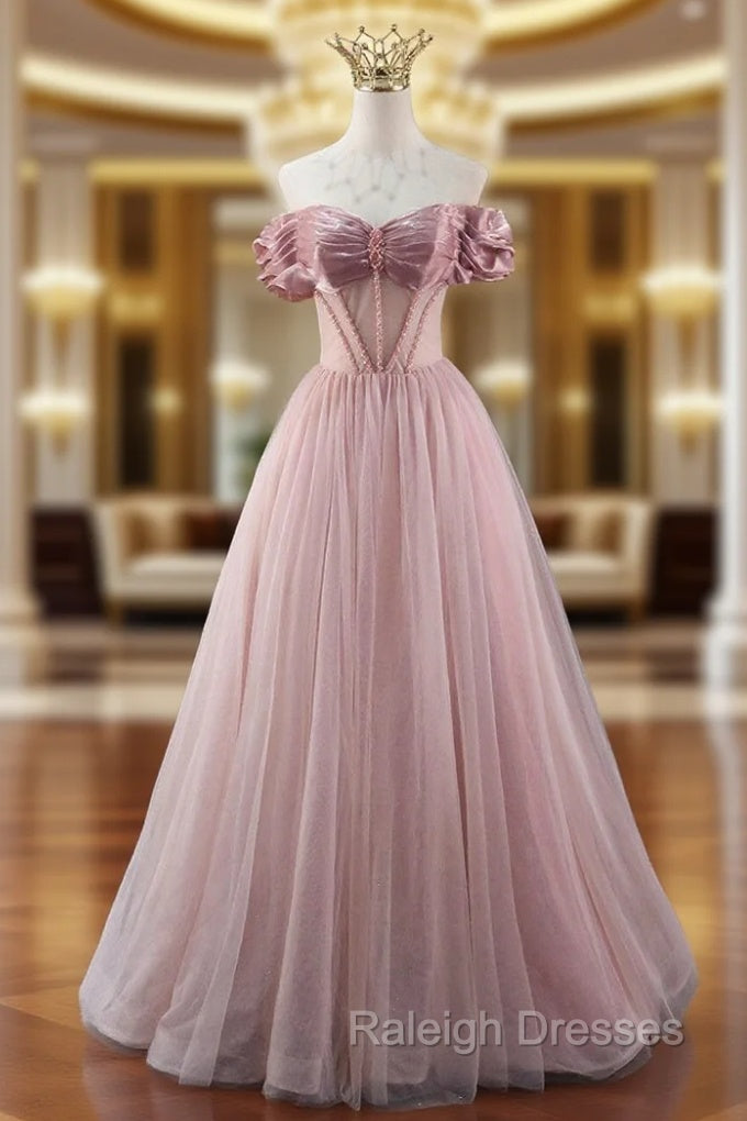 A Line Pink Tulle Off the Shoulder Beading Pleats Prom Dresses Main image