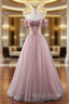 A Line Pink Tulle Off the Shoulder Beading Pleats Prom Dresses