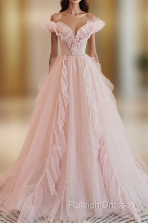A-line Pink Tulle Off the Shoulder Prom Dress Main image