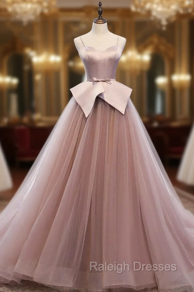 A Line Pink Tulle Satin Spagehtti Straps Prom Dress