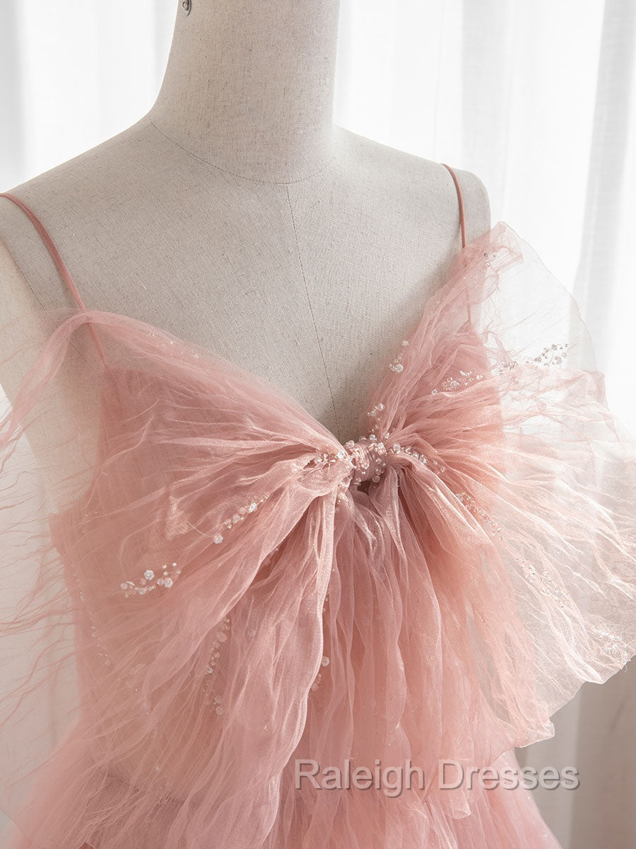A Line Pink Tulle Sequin Long Prom Dresses, Pink Formal Prom Dresses Secondary image