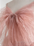 A Line Pink Tulle Sequin Long Prom Dresses, Pink Formal Prom Dresses