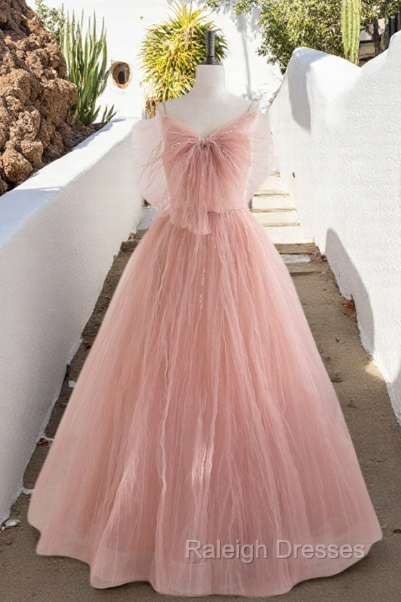 A-Line Pink Tulle Sequin Long Prom Dresses, Pink Formal Evening Dresses Main image