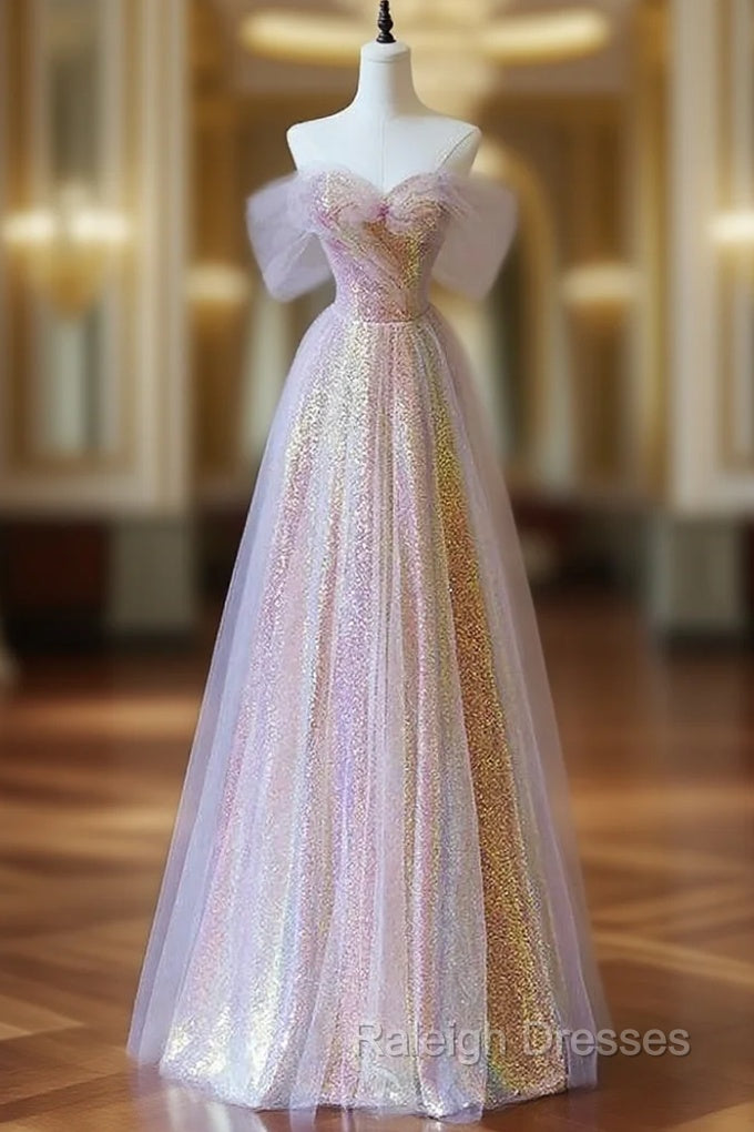 A Line Pink Tulle Sequins Off the Shoulder Prom Dresses
