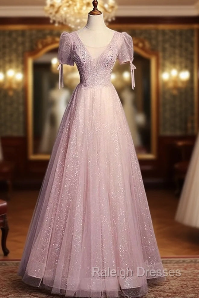 A Line Pink Tulle Sequins Short Sleeve Beading Prom Dress