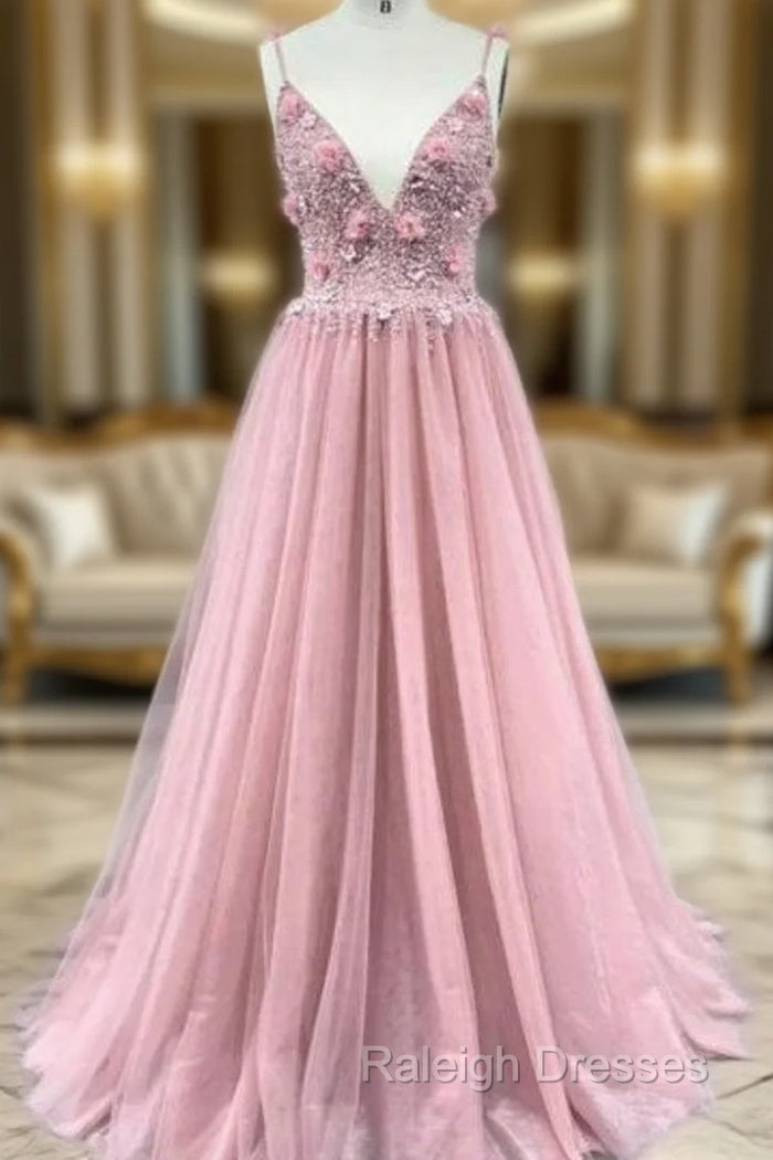 A-Line Pink Tulle Spaghetti Straps Backless Beading Prom Dress