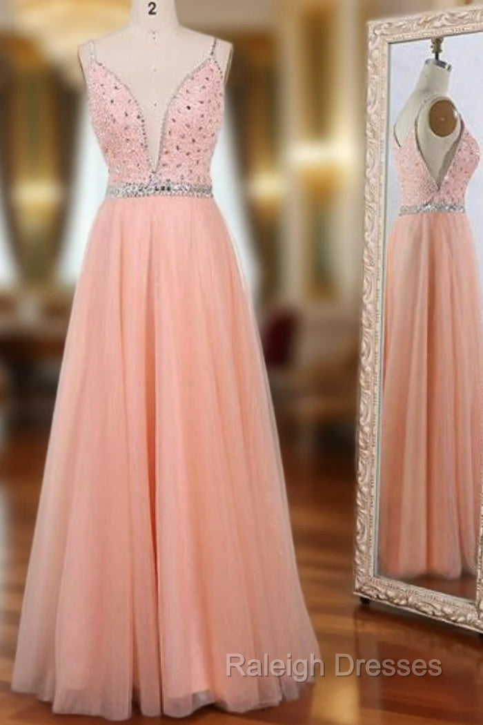 A-Line Pink Tulle Spaghetti Straps Beaded Floor Length Prom Dress Main image