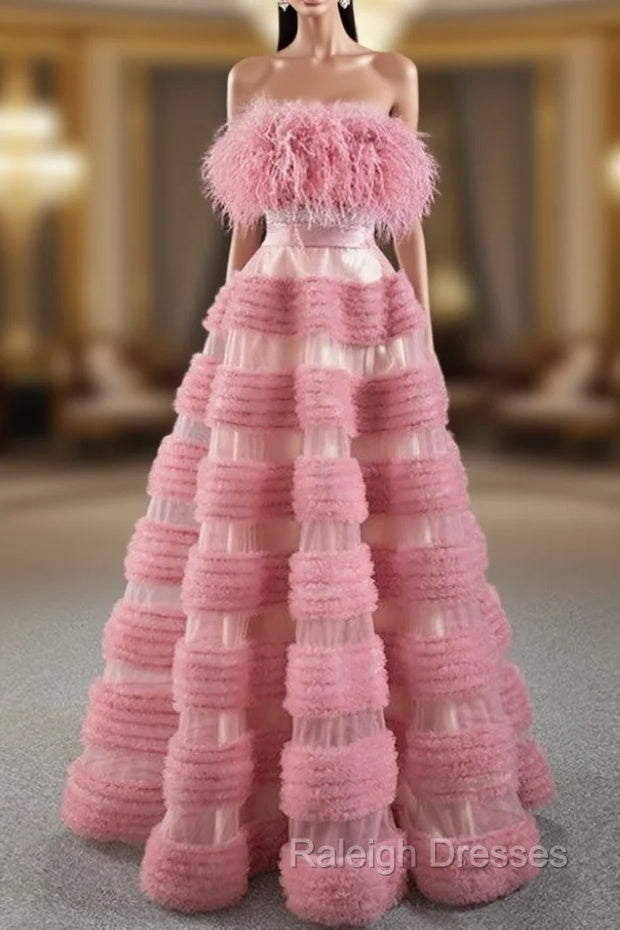 A Line Pink Tulle Strapless Sleeveless Prom Dresses With Feather Main image