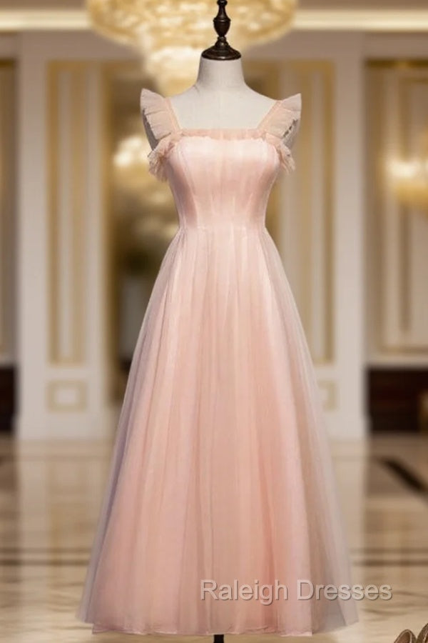 A Line Pink Tulle Straps Ankle Length Prom Dresses