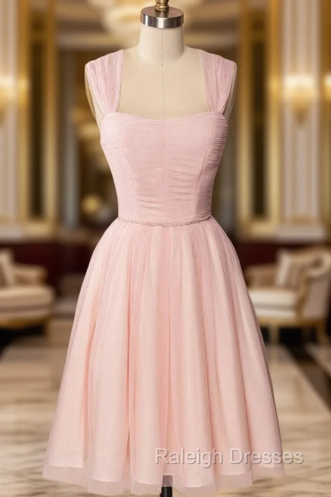 A-Line Pink Tulle Straps Pleats Beading Homecoming Dress Main image