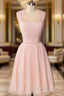 A Line Pink Tulle Straps Pleats Beading Homecoming Dresses