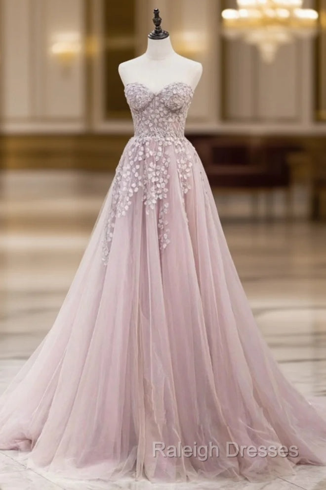 A-Line Pink Tulle Sweetheart Appliques Prom Dress
