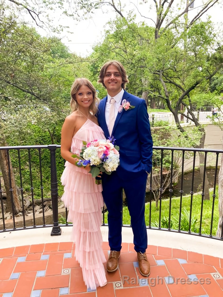 A Line Pink Tulle Tiered Long Prom Dress , Unique Prom Dress Secondary image