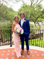 A Line Pink Tulle Tiered Long Prom Dress , Unique Prom Dress