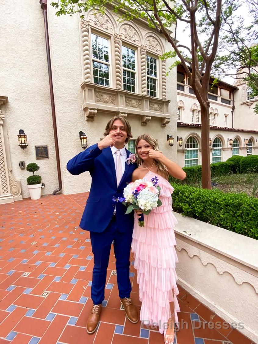 A Line Pink Tulle Tiered Long Prom Dress , Unique Prom Dress Main image