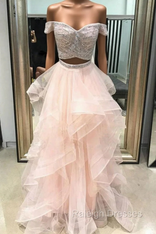 A Line Pink Tulle Two Piece Off the Shoulder Long Prom Dress Main image
