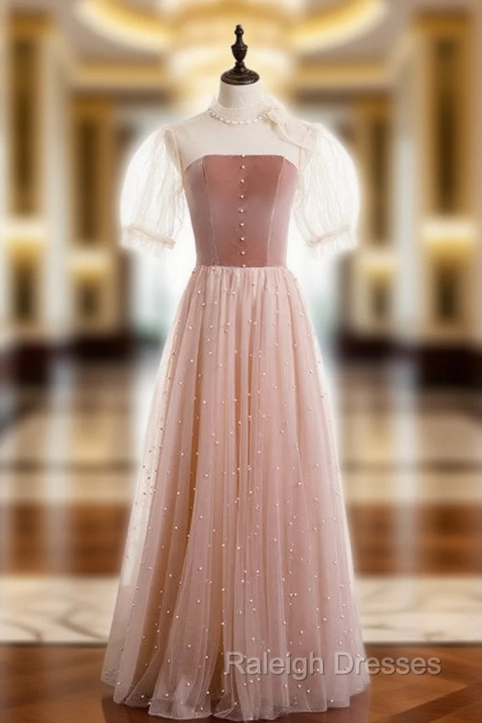 A Line Pink Tulle Velvet High Neck Short Sleeve Prom Dresses