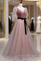 A-Line Pink Tulle Velvet Long Prom Dress, Pink Formal Dresses