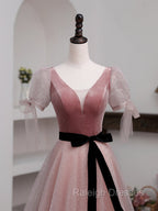 A Line Pink Tulle Velvet Long Prom Dress, Pink Formal Dresses