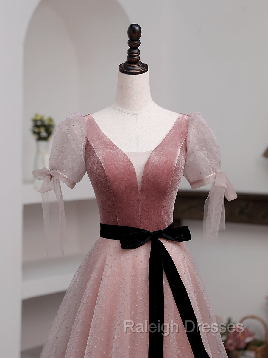 A Line Pink Tulle Velvet Long Prom Dress, Pink Formal Dresses
