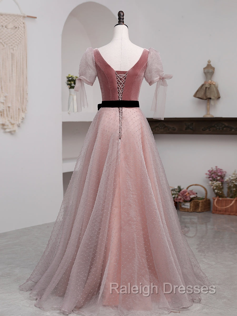 A Line Pink Tulle Velvet Long Prom Dress, Pink Formal Dresses