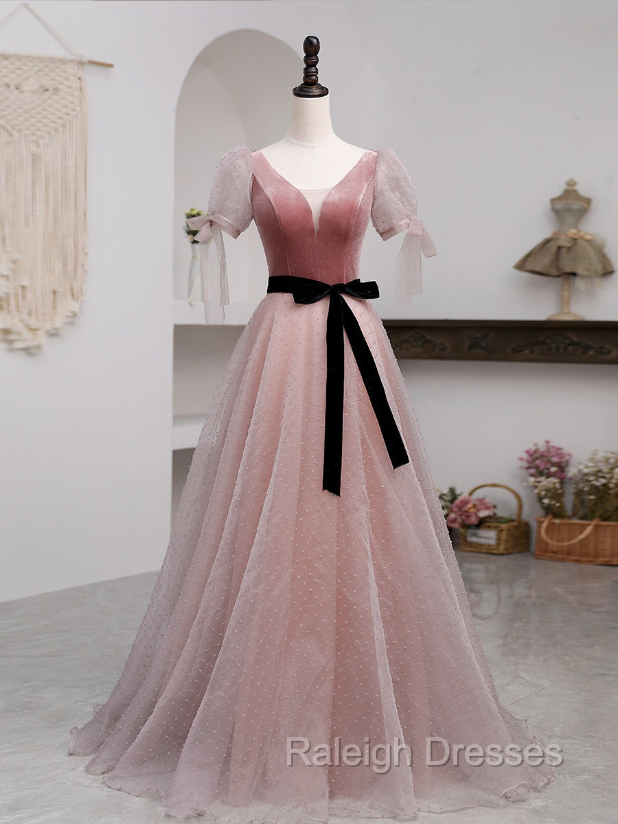 A Line Pink Tulle Velvet Long Prom Dress, Pink Formal Dresses
