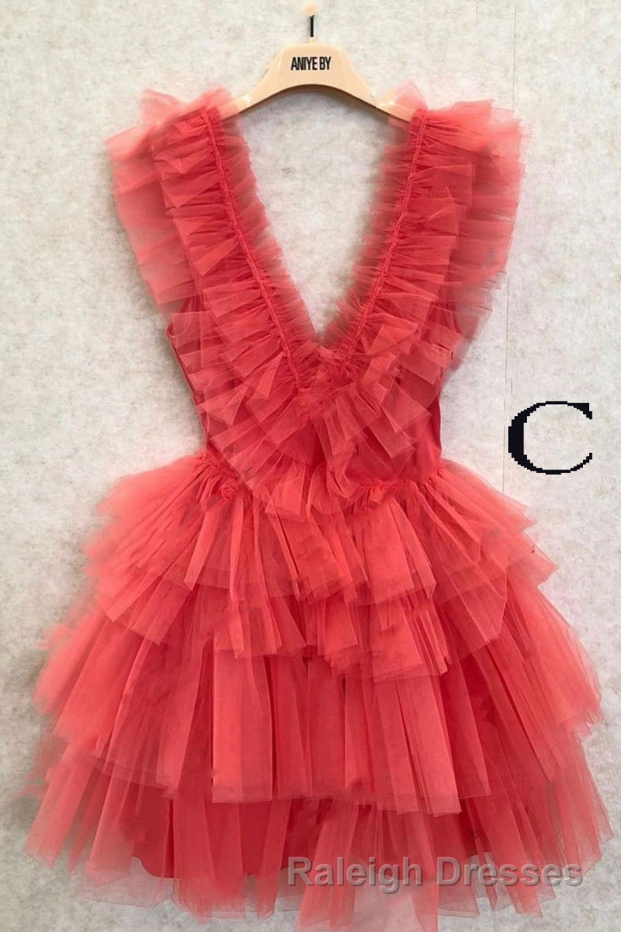A Line Pink V Neck Tiered Homecoming Dresses Tulle Short Prom Dress