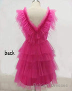 A Line Pink V Neck Tiered Homecoming Dresses Tulle Short Prom Dress