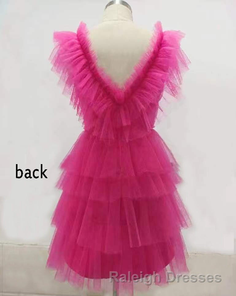A Line Pink V Neck Tiered Homecoming Dresses Tulle Short Prom Dress